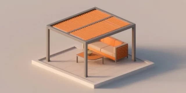 Lamelli pergola ve altındaki oturma grubu — izometrik ürün görseli