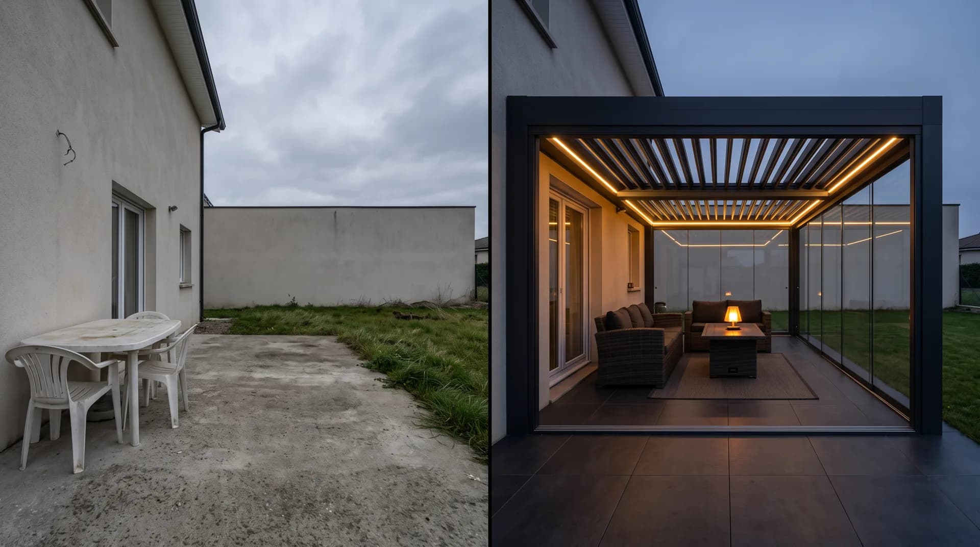 Aynı bahçe: solda boş hali, sağda akşam ışığında biten pergola