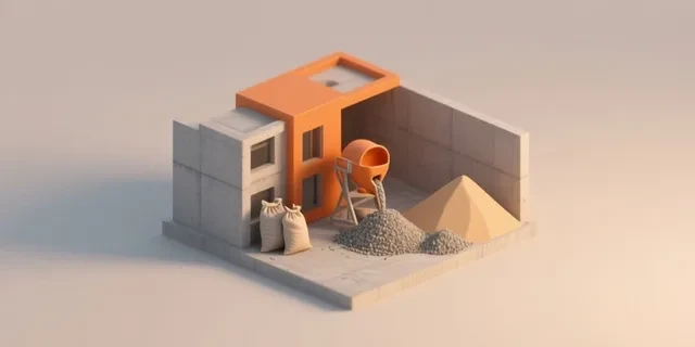 Beton Karışımı (Çimento-Kum-Çakıl) hesaplama aracı — izometrik 3D illüstrasyon