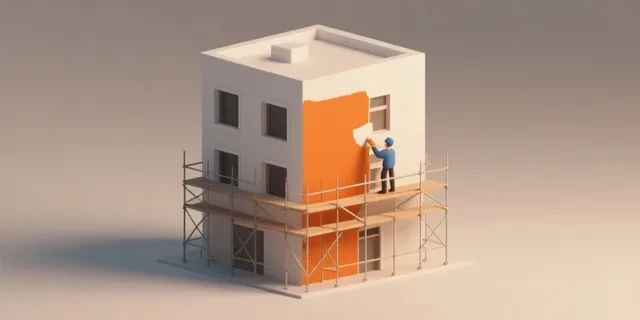 Dış Cephe Boya hesaplama aracı — izometrik 3D illüstrasyon