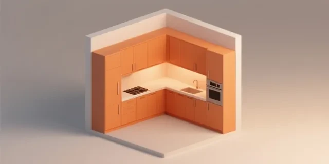 Mutfak Dolabı hesaplama aracı — izometrik 3D illüstrasyon