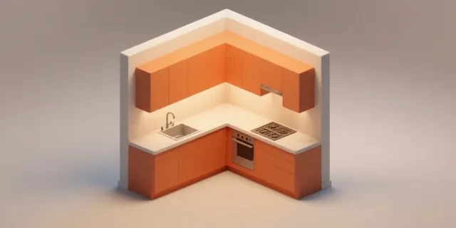 Mutfak Tezgahı Metrajı hesaplama aracı — izometrik 3D illüstrasyon