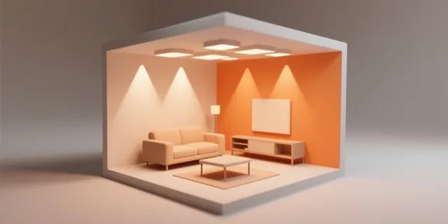 Oda Aydınlatma (Lümen) hesaplama aracı — izometrik 3D illüstrasyon