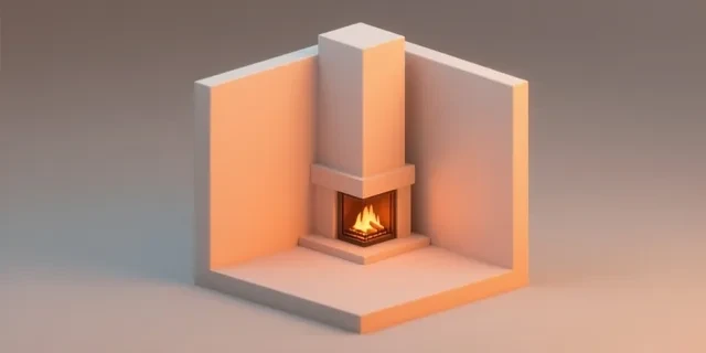 Şömine & Baca Kesiti hesaplama aracı — izometrik 3D illüstrasyon