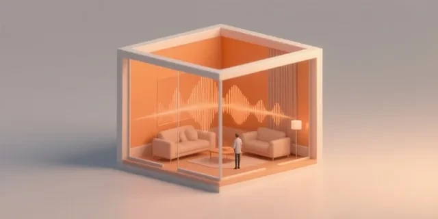 Yankı Süresi (Sabine) hesaplama aracı — izometrik 3D illüstrasyon